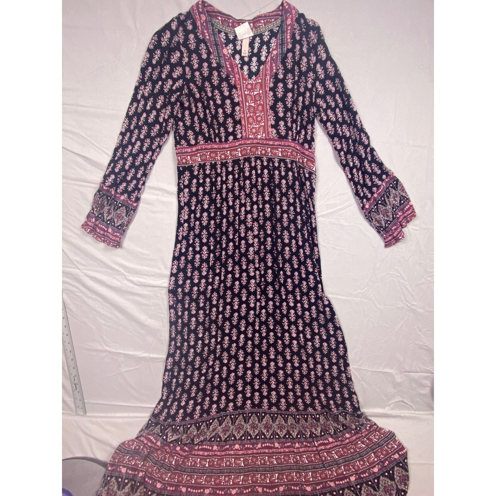Knox Rose Boho Maxi Dress Women Medium Navy Pink Rayon Floral Bell Sleeve Casual